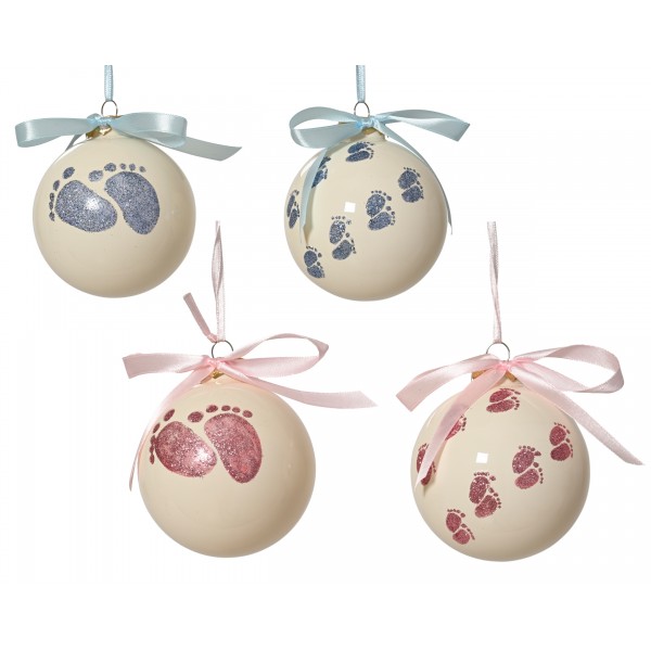 Baubles glass with footprints decal, with bow on top 