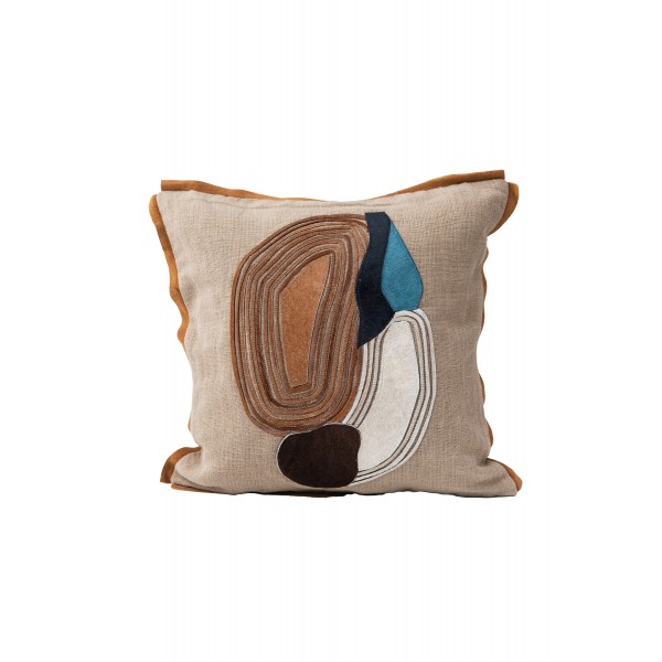 LINEN CUSHION COVER WITH HAIRON LEATHER PATCHWORK FRINGE AND COTTON