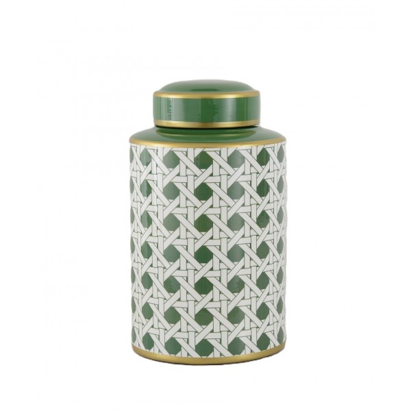 GREEN/WHITE CERAMIC CANNISTER 'CANE' D18X30H