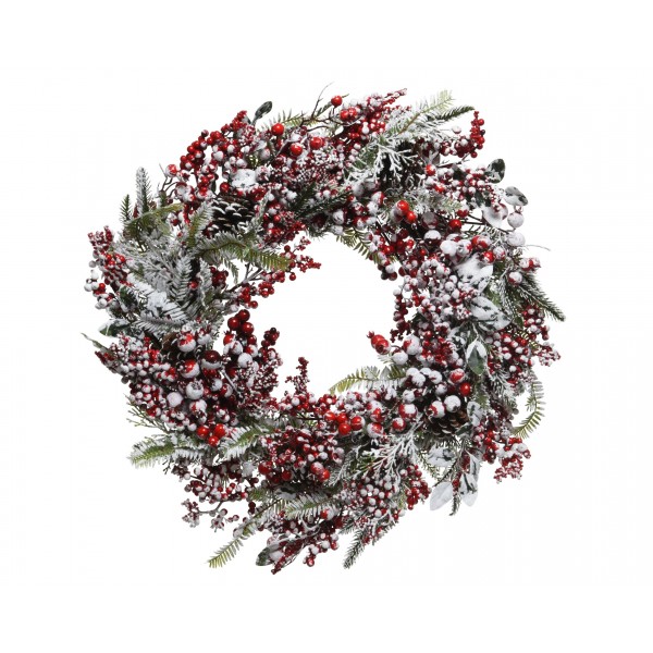 R/w berry wreath snowy red berries, pinecones indoor
