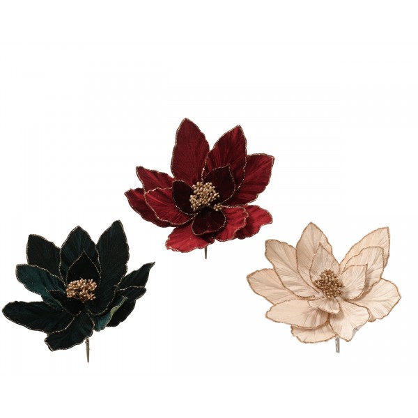Poinsettia on clip polyester velvet glitter center w glitter edge 3col assl 