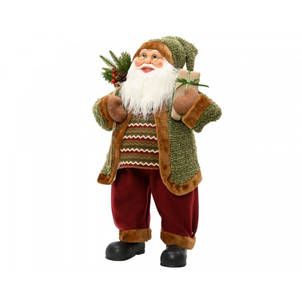 Santa plastic polyester fabric, plastic branches pinecone berries, present with green ribbon