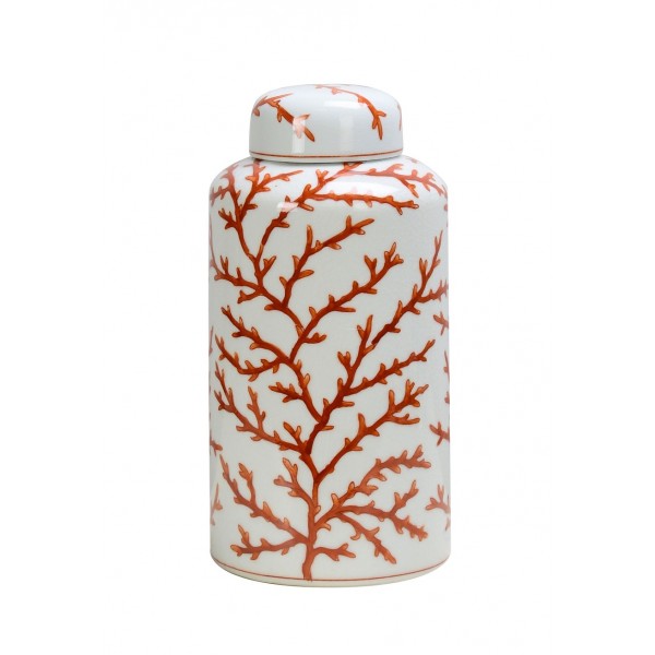 CANNISTER 'CORAL' WHITE/ORANGE CERAMIC D14x28h