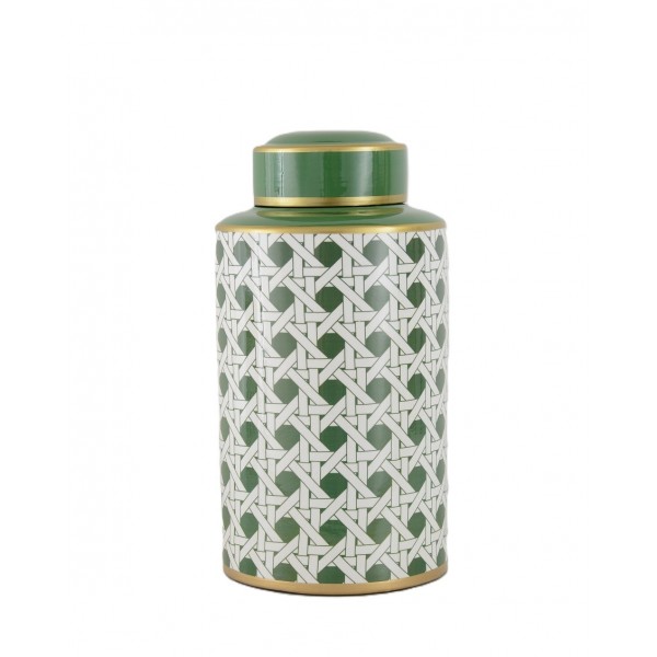 GREEN/WHITE CERAMIC CANNISTER 'CANE' D20X40H