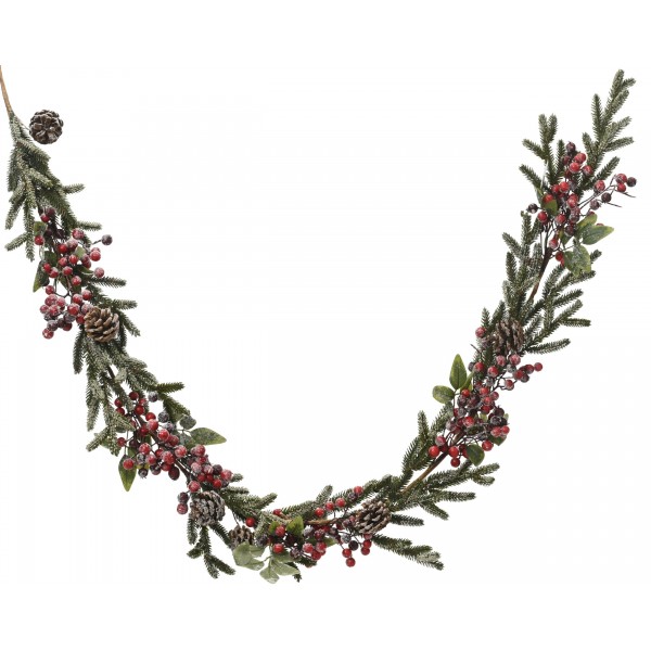 Garland frosted pinecones, red berries indoor