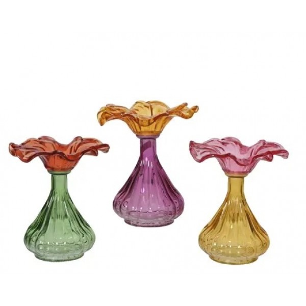 Vase glass flower clear 3col ass