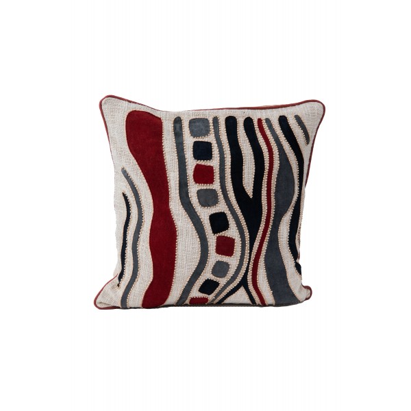 COTTON CUSHION COVER WITH SUEDE LEATHER PATWORK AND HAND EMBROIDERY