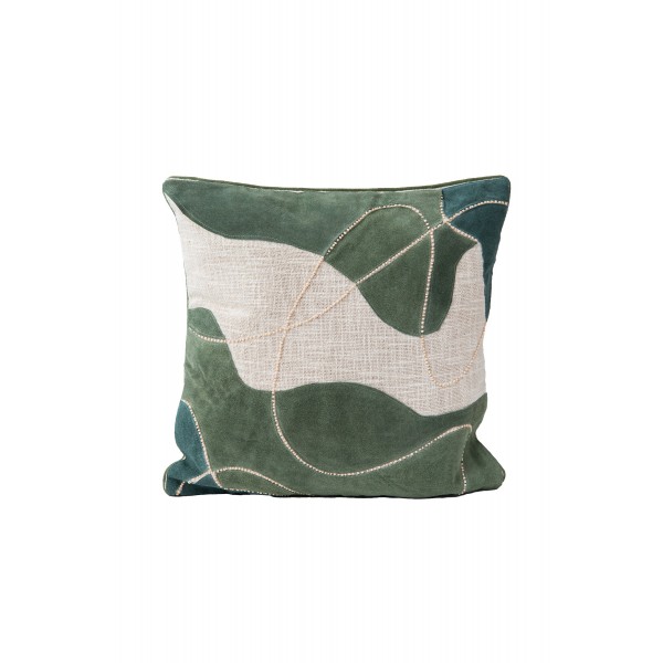 COTTON CUSHION COVER WITH SUEDE LEATHER PATCHWORK AND HAND EMBROIDERY