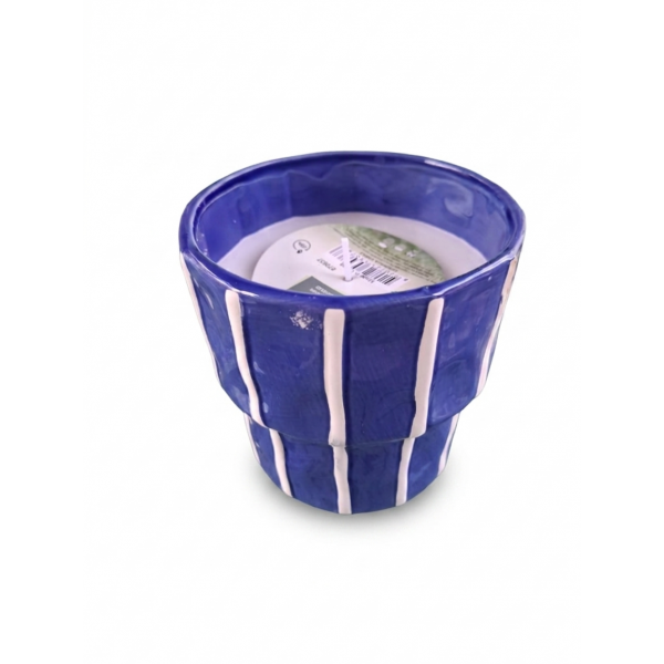 Citronella candle wax round porcelain pot, blue with white vertical stripes  outdoor