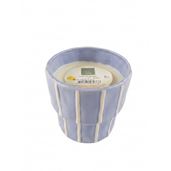 Citronella candle wax round porcelain pot, light blue with vertical stripes outdoor
