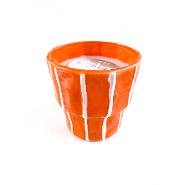 Citronella candle wax round porcelain pot, orange with vertical stripes outdoor