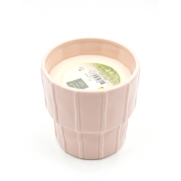 Citronella candle wax round porcelain pot, cream with white vertical stripes  outdoor